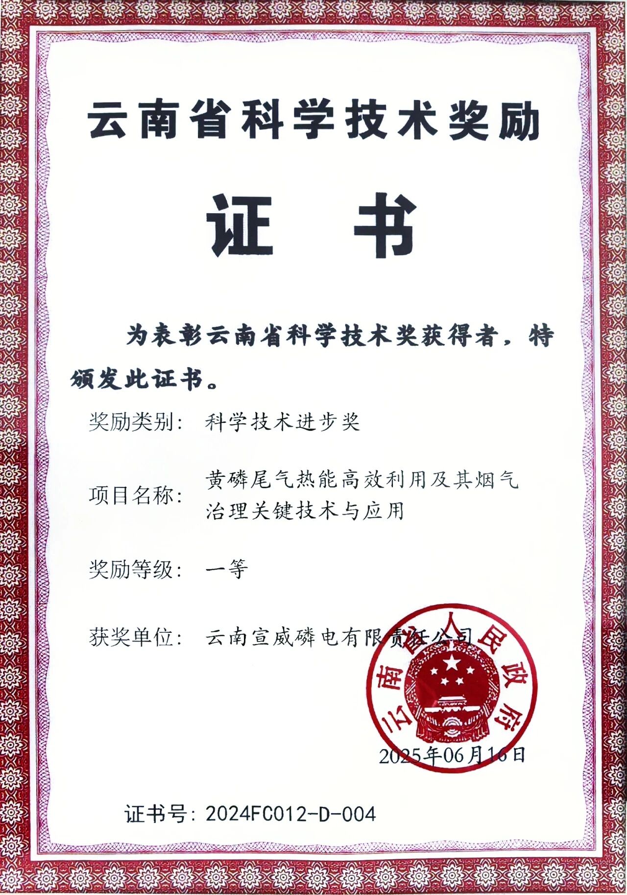 Xuanwei Factory's Joint R&D Achievements Win First Prize of Science and Technology Progress Award in Yunnan Province